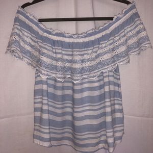 Blue/White Striped Across-the-shoulder Flounce Top